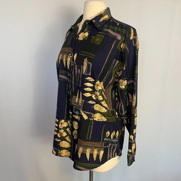 Vintage Blouse Top Size Medium Purple Green Boho Art Print Long Sleeve Button - Picture 4 of 12
